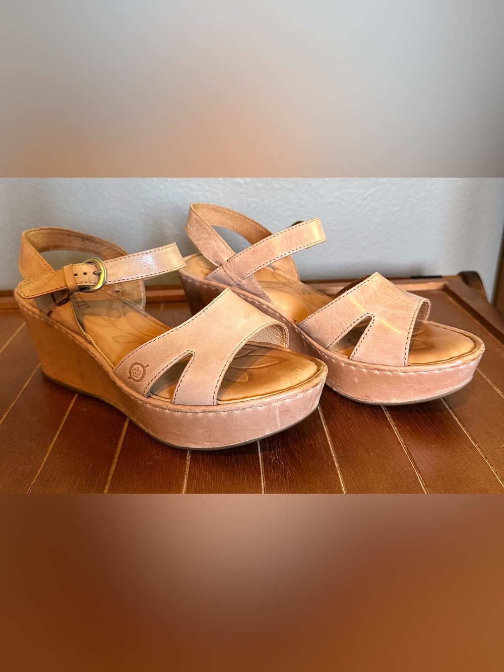 Born Blush Suede Wedge Sandals with Ankle Buckle